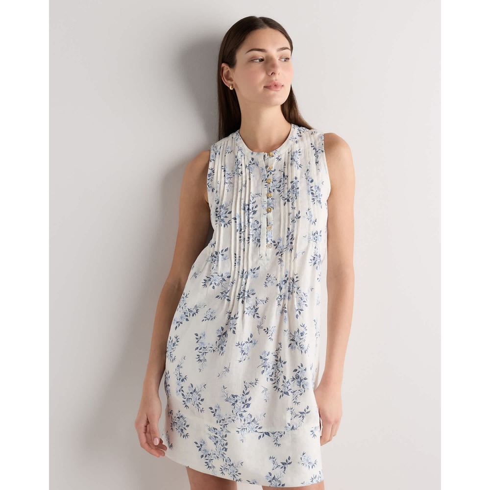 Quince Dress Swing XS Ivory Blue Floral Linen Pintuck Sleeveless Pocket